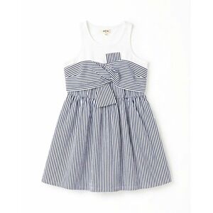 Anthropologie Porridge White/Blue Striped Dress SZ L Sleeveless Knee Bow Bubble